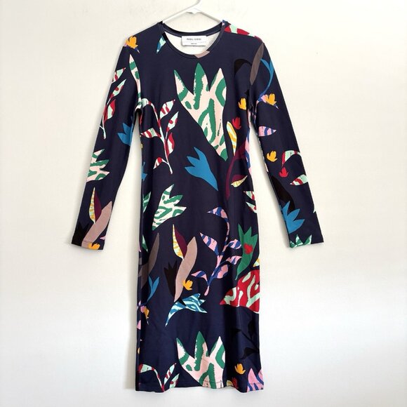 Prabal Gurung Navy Blue Long Sleeve Floral Midi Sheath Dress Women’s Size Small - Picture 1 of 8